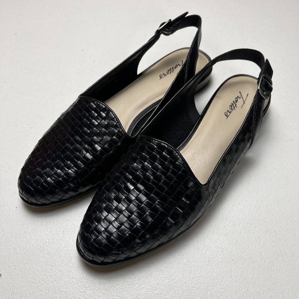 Trotters Lea Slingback Flats Womens Size 10M Black Woven Leather Buckle Strap